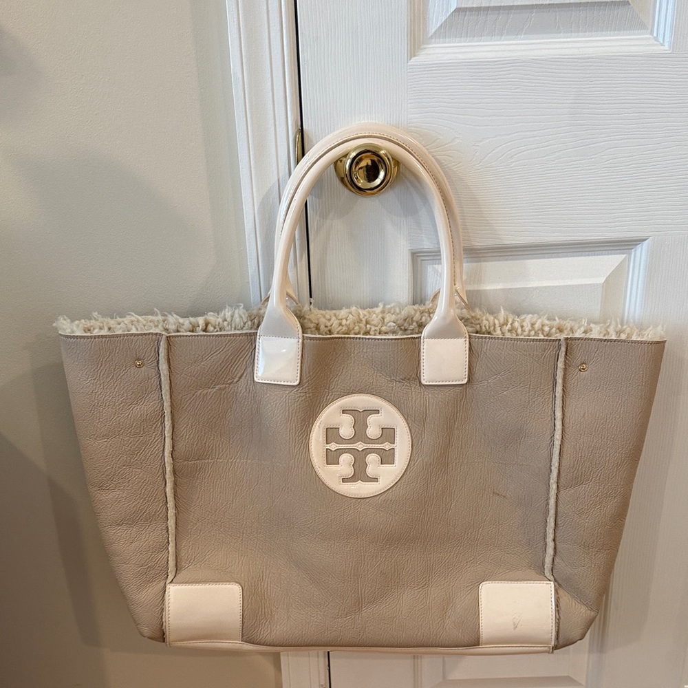 Tory Burch Shearling Tote Bag Leather Ivory & Taupe